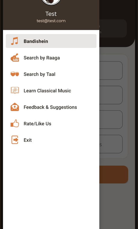 Bandishein navigation menu with options for Search by Raaga, Search by Taal, Learn Classical Music, Feedback and Suggestions, and Rate or Like Us