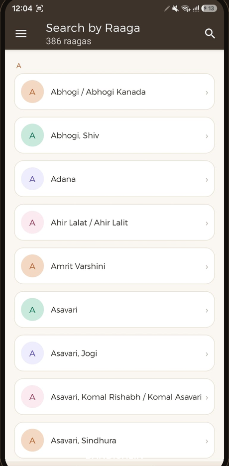 Bandishein Search by Raaga screen listing 386 raagas alphabetically, including Abhogi, Adana, Ahir Lalat and Asavari
