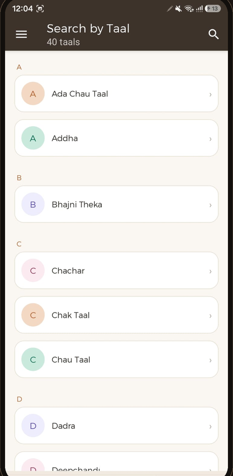 Bandishein Search by Taal screen listing 40 taals alphabetically, including Ada Chau Taal, Addha, Bhajni Theka and Chau Taal