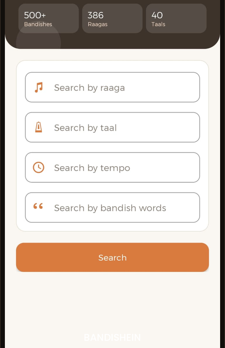 Bandishein app home screen showing search by raaga, taal, tempo and lyrics