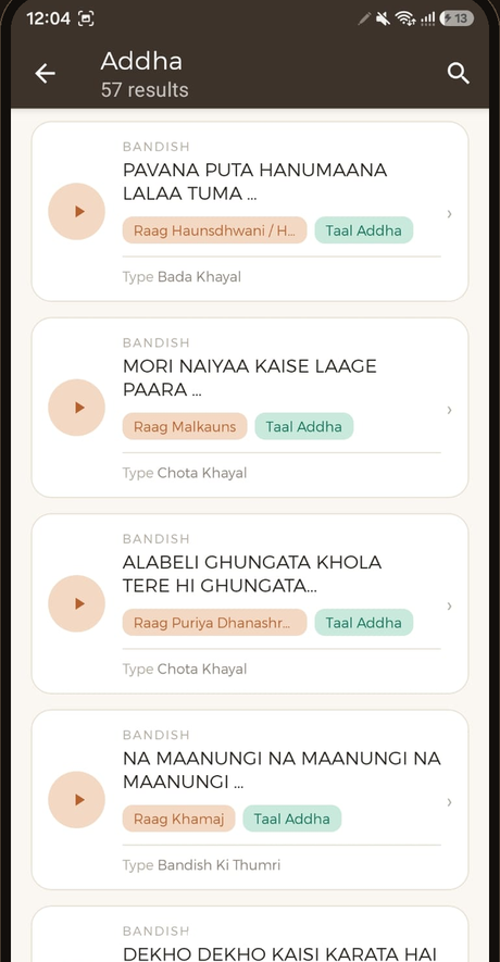 Bandishein smart search results screen showing bandish titles with raag and taal tags, bandish type, and a play button for each entry
