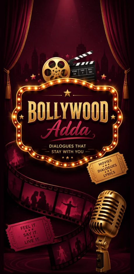 Bollywood Adda brand artwork featuring a gold cinema marquee sign, film reel, clapperboard and vintage microphone