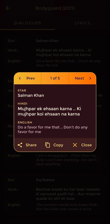 Bollywood Adda dialogue detail popup with Share, Copy and Close buttons, showing dialogue 1 of 5
