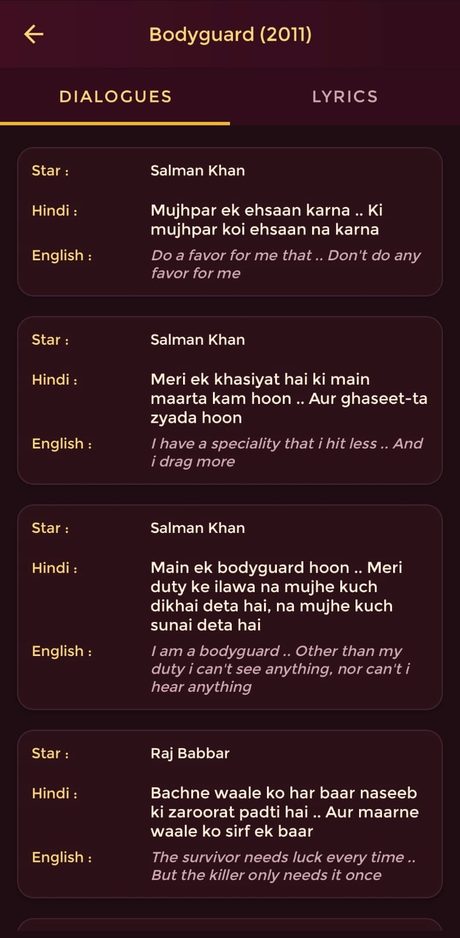 Bollywood Adda dialogues screen showing dialogue cards with Hindi text and English translation