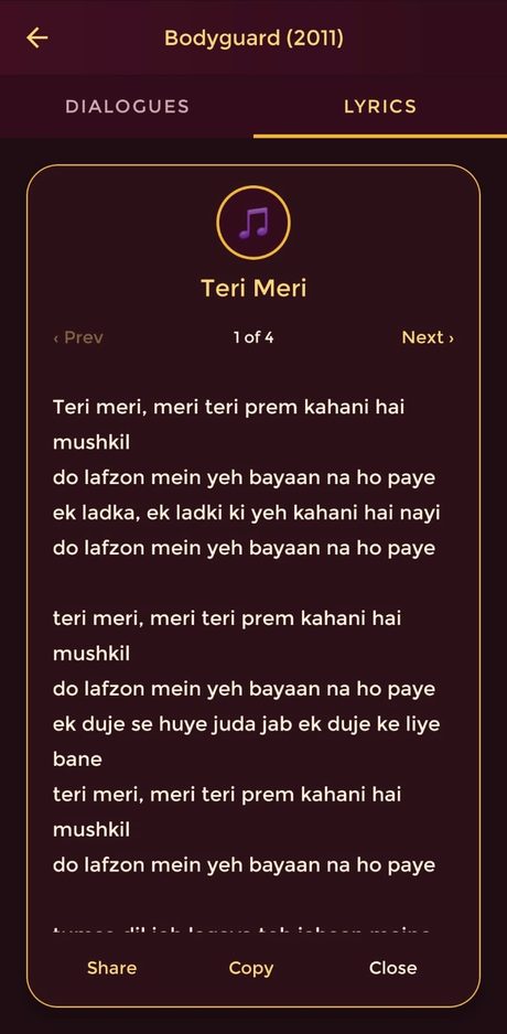 Bollywood Adda lyrics detail popup showing the song Teri Meri with full lyric text and navigation for 1 of 4 songs