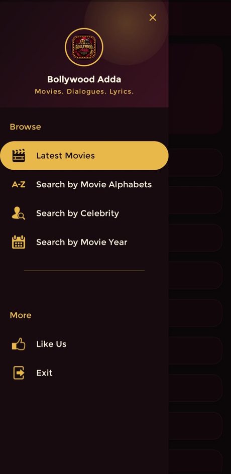 Bollywood Adda navigation menu with options to browse Latest Movies, search by Movie Alphabets, Celebrity or Movie Year